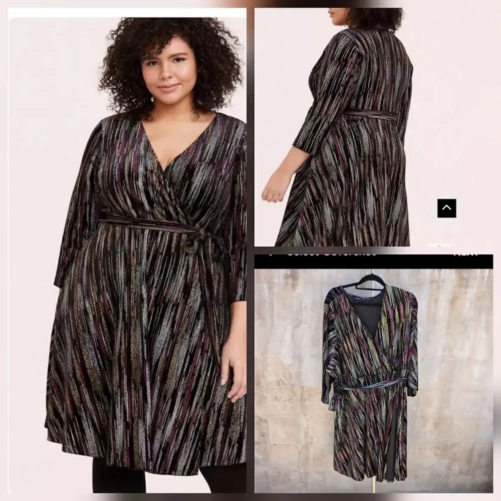 Torrid Black Velvet Multi Striped Faux Wrap Dress